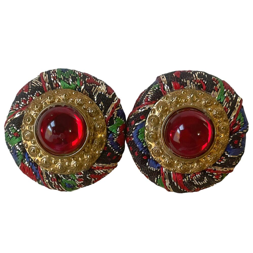 Vintage Two Sisters Clip Earrings: Brocade Fabric, Lucite Cabochons